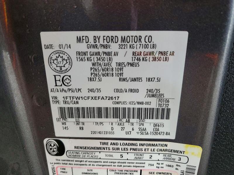 65336266 :رقم المزاد ، 1FTFW1CFXEFA72617 vin ، 2014 Ford F150 مزاد بيع