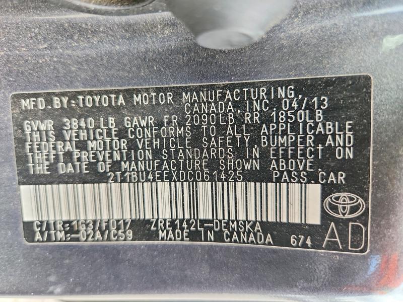 64585626 :رقم المزاد ، 2T1BU4EEXDC061425 vin ، 2013 Toyota Corolla مزاد بيع