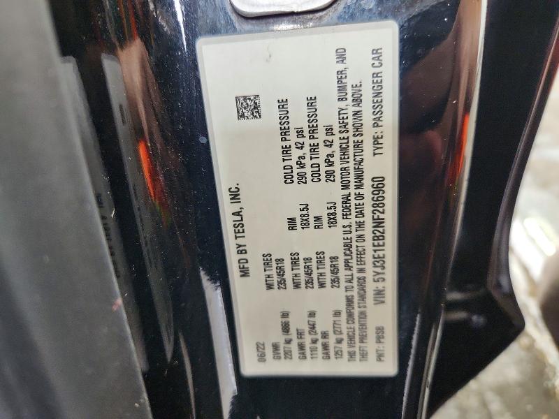 Продажа на аукционе авто 2022 Tesla Model 3, vin: 5YJ3E1EB2NF286960, номер лота: 64410746