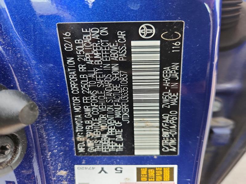 65952976 :رقم المزاد ، JTDKBRFU3G3510837 vin ، 2016 Toyota Prius مزاد بيع