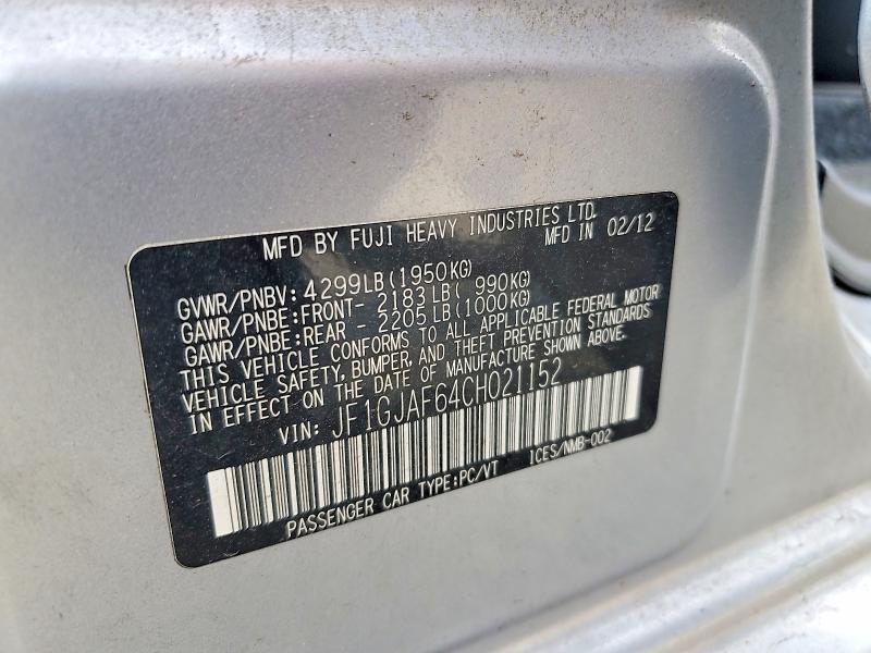 2012 Subaru Impreza მანქანა იყიდება აუქციონზე, vin: JF1GJAF64CH021152, აუქციონის ნომერი: 66768286