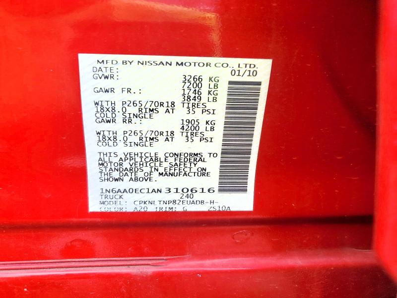 66531966 :رقم المزاد ، 1N6AA0EC1AN310616 vin ، 2010 Nissan Titan مزاد بيع