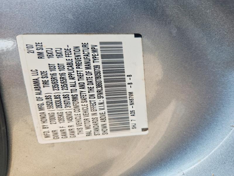 Auction sale of the 2007 Honda Odyssey, vin: 5FNRL38607B050739, lot number: 62724486