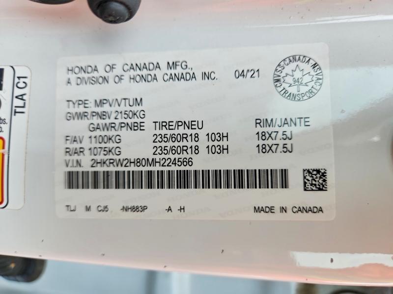 2021 Honda Cr-v მანქანა იყიდება აუქციონზე, vin: 2HKRW2H80MH224566, აუქციონის ნომერი: 63576846