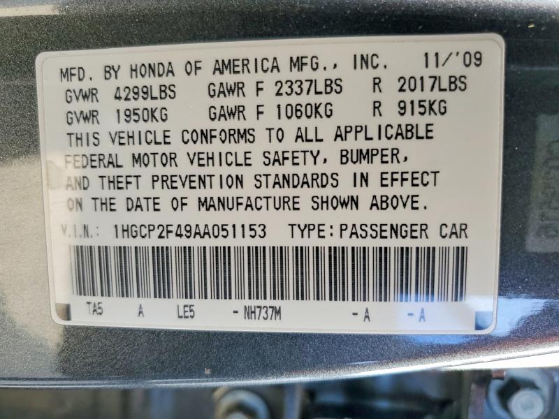 Aukcja sprzedaży 2010 Honda Accord, vin: 1HGCP2F49AA051153, numer aukcji: 64839276