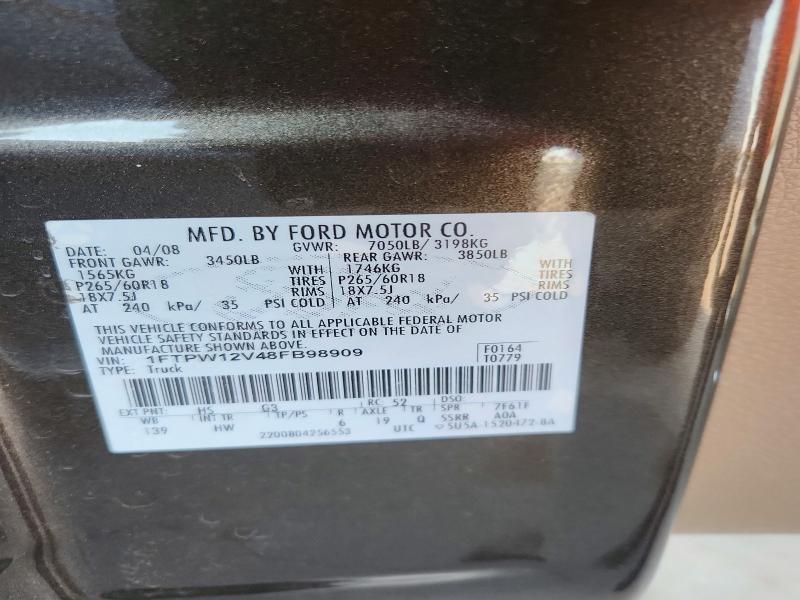 2008 Ford F150 მანქანა იყიდება აუქციონზე, vin: 1FTPW12V48FB98909, აუქციონის ნომერი: 63406946