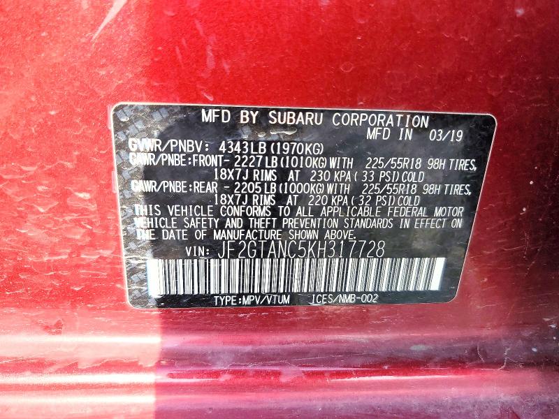 Aukcja sprzedaży 2019 Subaru Crosstrek, vin: JF2GTANC5KH317728, numer aukcji: 65666066