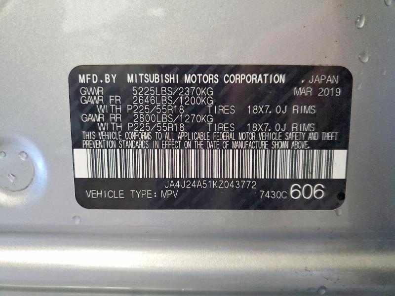 2019 Mitsubishi Outlander მანქანა იყიდება აუქციონზე, vin: JA4J24A51KZ043772, აუქციონის ნომერი: 63555956