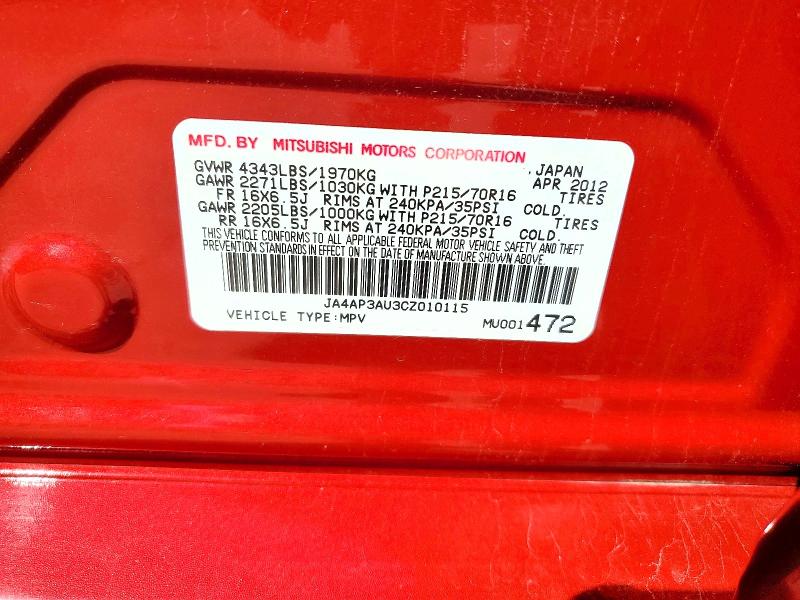 65552836 :رقم المزاد ، JA4AP3AU3CZ010115 vin ، 2012 Mitsubishi Outlander Sport مزاد بيع