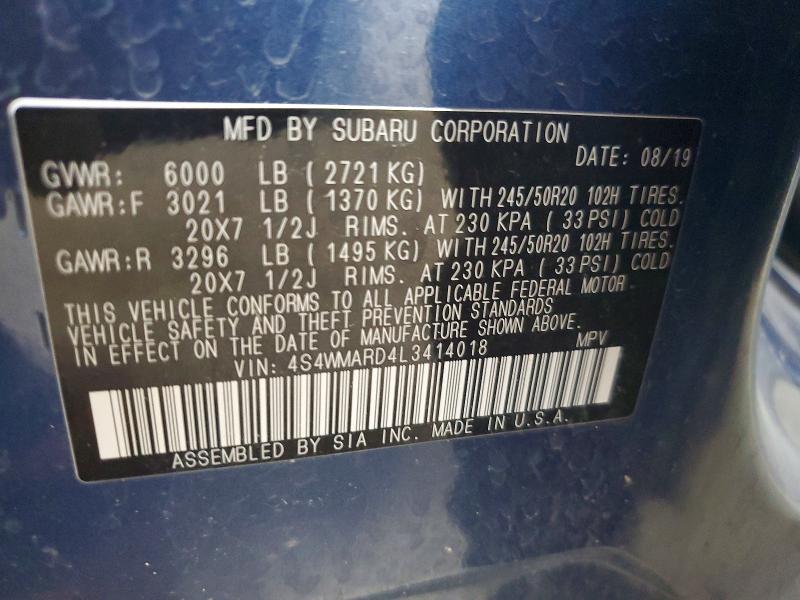 2020 Subaru Ascent მანქანა იყიდება აუქციონზე, vin: 4S4WMARD4L3414018, აუქციონის ნომერი: 64647826