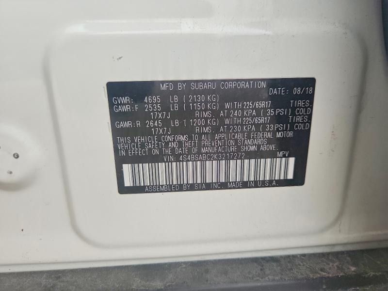 Aukcja sprzedaży 2019 Subaru Outback, vin: 4S4BSABC2K3217272, numer aukcji: 63863926