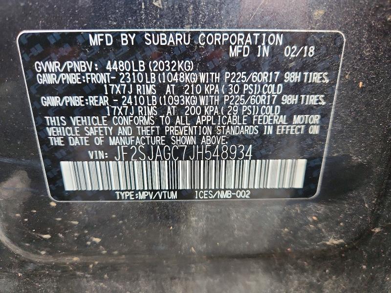 Продаж на аукціоні авто 2018 Subaru Forester, vin: JF2SJAGC7JH548934, номер лоту: 63301306