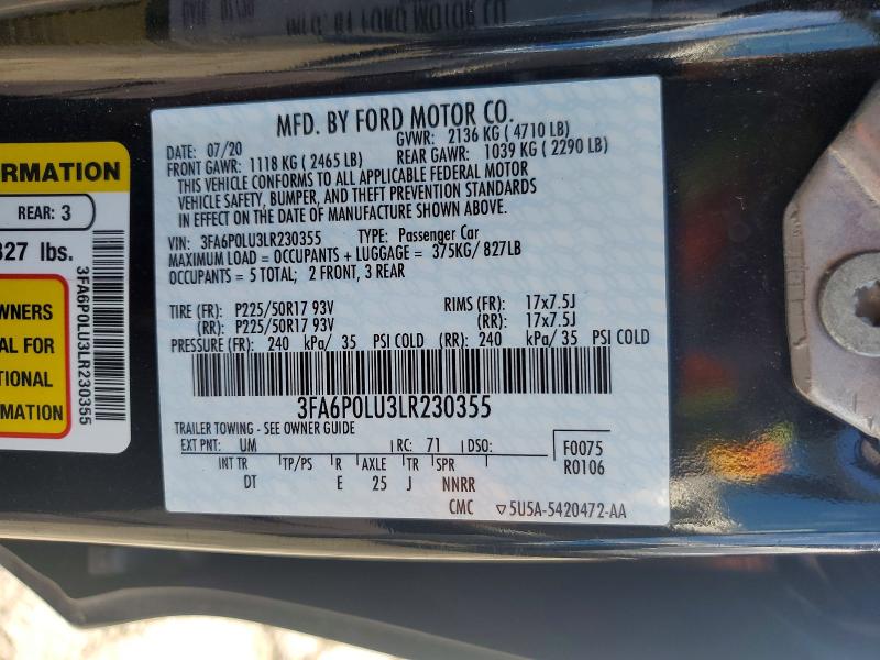 Aukcja sprzedaży 2020 Ford Fusion, vin: 3FA6P0LU3LR230355, numer aukcji: 65526626