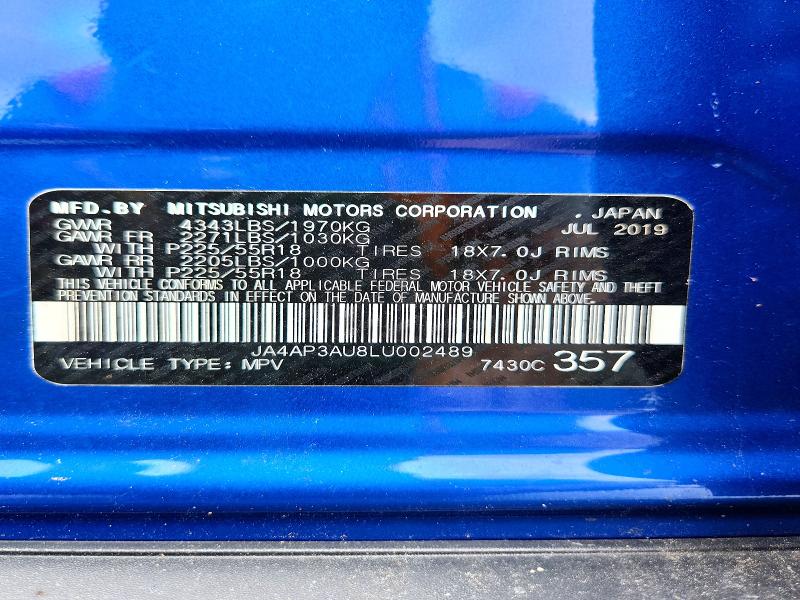 2020 Mitsubishi Outlander Sport მანქანა იყიდება აუქციონზე, vin: JA4AP3AU8LU002489, აუქციონის ნომერი: 64009376