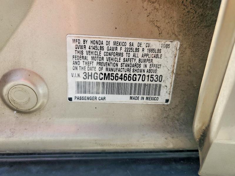 2006 Honda Accord მანქანა იყიდება აუქციონზე, vin: 3HGCM56466G701530, აუქციონის ნომერი: 66178776