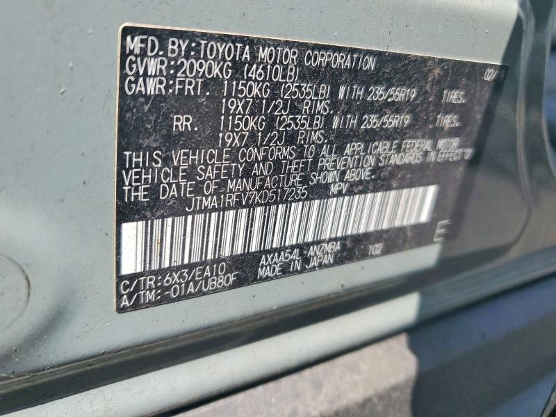 2019 Toyota Rav4 მანქანა იყიდება აუქციონზე, vin: JTMA1RFV7KD517235, აუქციონის ნომერი: 63392716