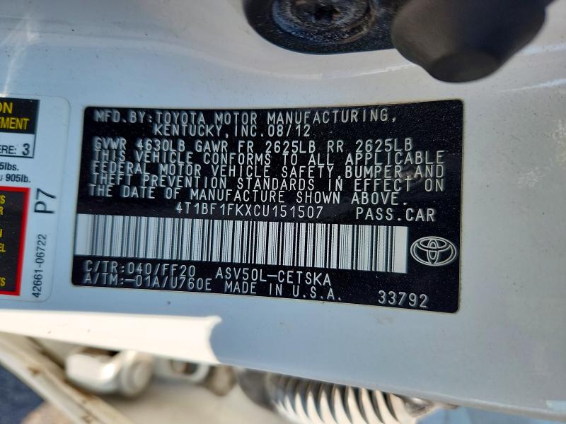 Продажа на аукционе авто 2012 Toyota Camry, vin: 4T1BF1FKXCU151507, номер лота: 64186346