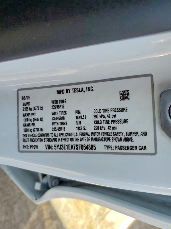 Aukcja sprzedaży 2025 Tesla Model 3, vin: 5YJ3E1EA7SF064885, numer aukcji: 66135316