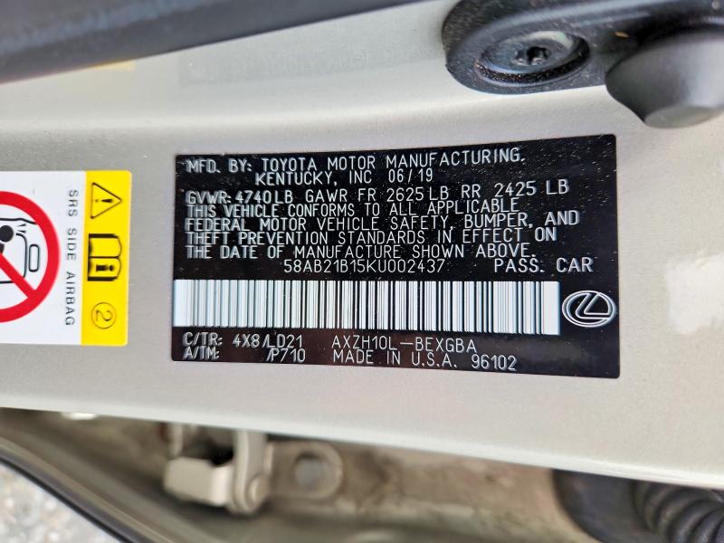 65365646 :رقم المزاد ، 58AB21B15KU002437 vin ، 2019 Lexus Es مزاد بيع