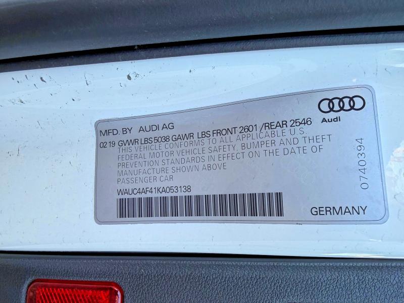 2019 Audi S4 Prestig მანქანა იყიდება აუქციონზე, vin: WAUC4AF41KA053138, აუქციონის ნომერი: 66198986