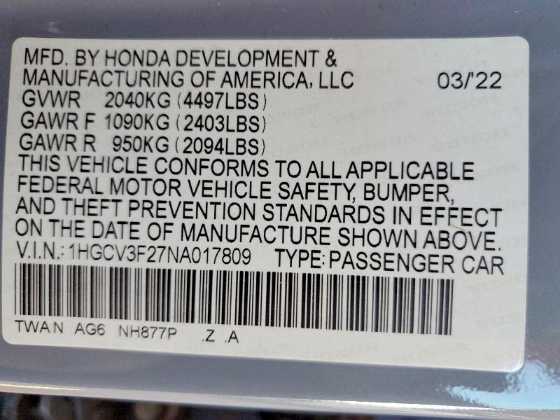 2022 Honda Accord მანქანა იყიდება აუქციონზე, vin: 1HGCV3F27NA017809, აუქციონის ნომერი: 64500126