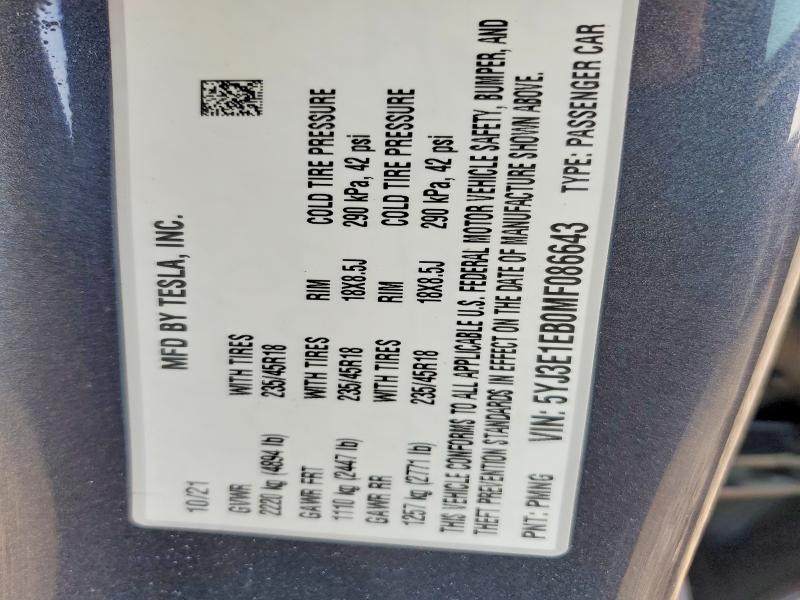 Auction sale of the 2021 Tesla Model 3, vin: 5YJ3E1EB0MF086643, lot number: 66844536