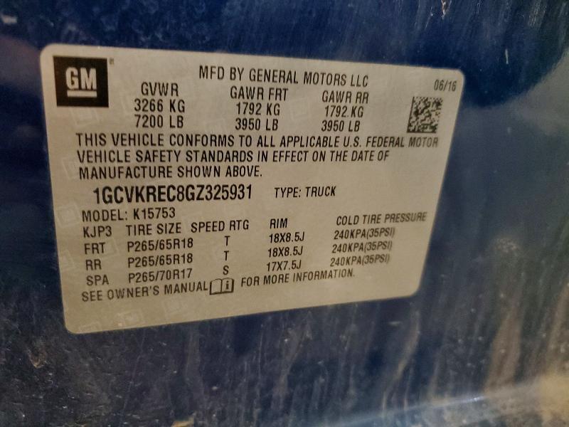 Продаж на аукціоні авто 2016 Chevrolet Silverado, vin: 1GCVKREC8GZ325931, номер лоту: 65691836