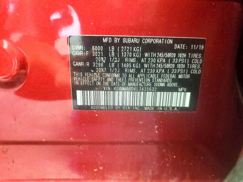 63409926 :رقم المزاد ، 4S4WMARD6L3435632 vin ، 2020 Subaru Ascent مزاد بيع