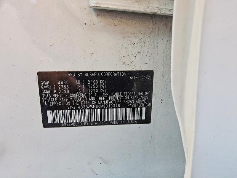 63927936 :رقم المزاد ، 4S3BWAN60M3010378 vin ، 2021 Subaru Legacy مزاد بيع