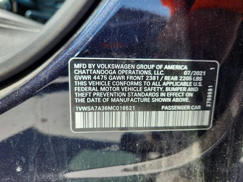 Продажа на аукционе авто 2021 Volkswagen Passat, vin: 1VWSA7A36MC016521, номер лота: 65551856
