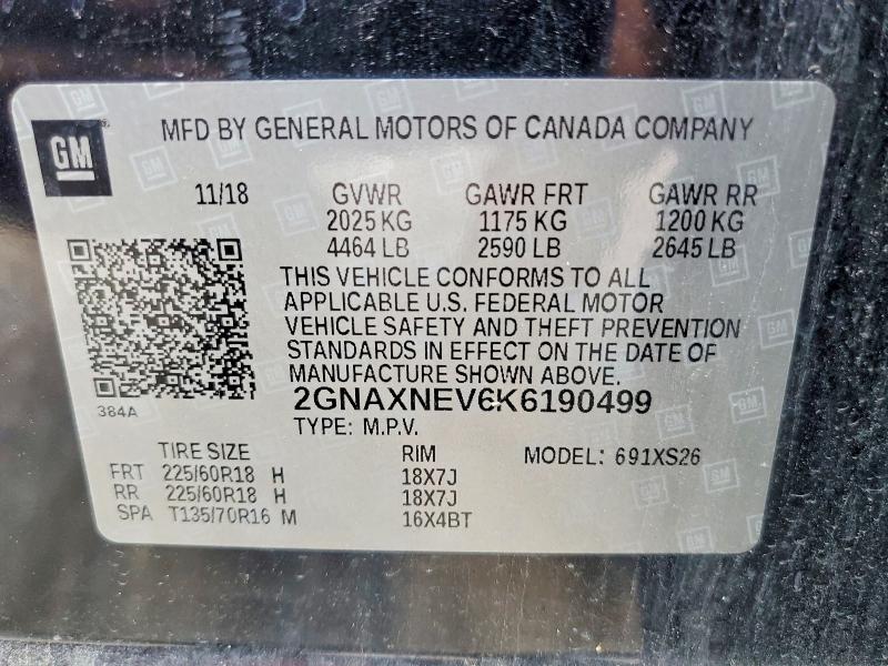 Продаж на аукціоні авто 2019 Chevrolet Equinox, vin: 2GNAXNEV6K6190499, номер лоту: 63425186