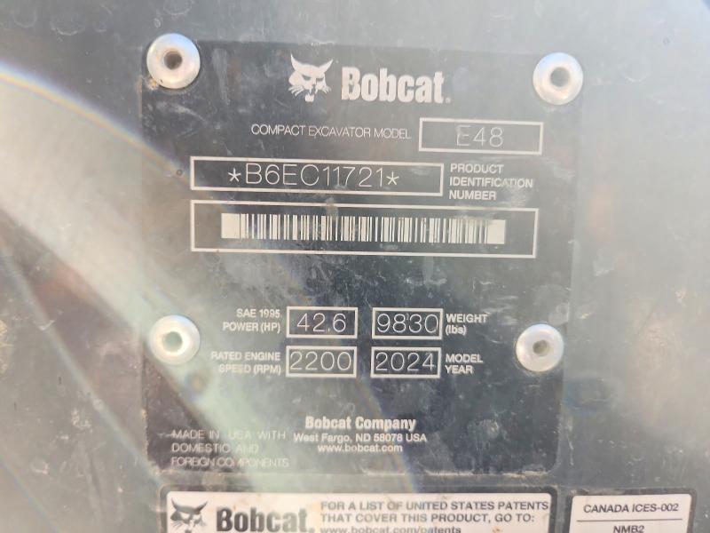 2024 Bobcat E48 Excavator მანქანა იყიდება აუქციონზე, vin: B6EC11721, აუქციონის ნომერი: 63027866