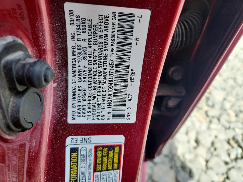 2008 Honda Civic მანქანა იყიდება აუქციონზე, vin: 1HGFA16948L071457, აუქციონის ნომერი: 66989066