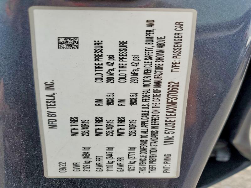 Aukcja sprzedaży 2022 Tesla Model 3, vin: 5YJ3E1EAXNF370662, numer aukcji: 64129836