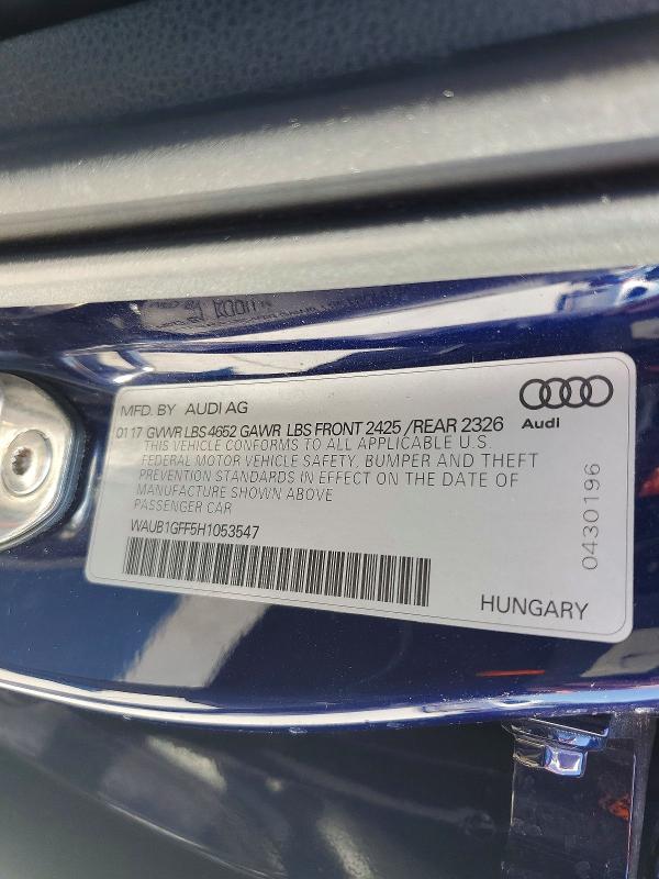 2017 Audi S3 მანქანა იყიდება აუქციონზე, vin: WAUB1GFF5H1053547, აუქციონის ნომერი: 63219566