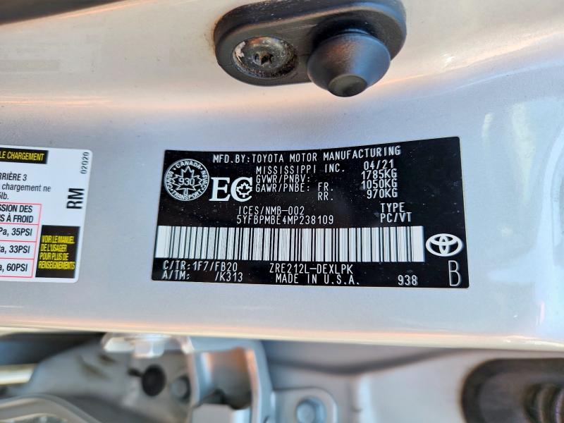 2021 Toyota Corolla მანქანა იყიდება აუქციონზე, vin: 5YFBPMBE4MP238109, აუქციონის ნომერი: 62529066