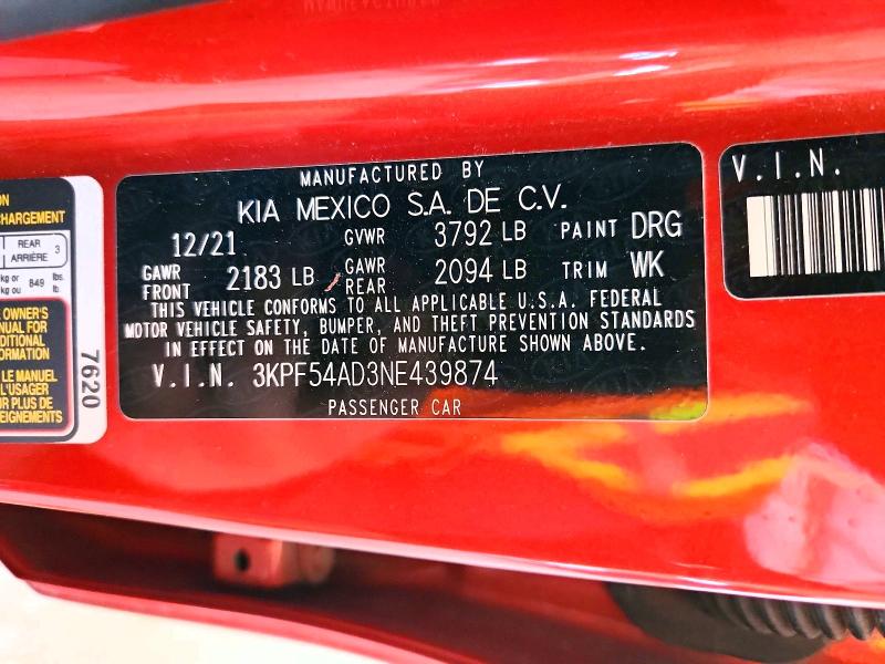 65134196 :رقم المزاد ، 3KPF54AD3NE439874 vin ، 2022 Kia Forte مزاد بيع