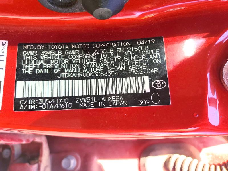 Aukcja sprzedaży 2019 Toyota Prius, vin: JTDKARFU0K3083354, numer aukcji: 64025056