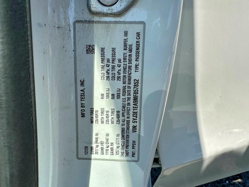 Продаж на аукціоні авто 2021 Tesla Model 3, vin: 5YJ3E1EA9MF857852, номер лоту: 58079916