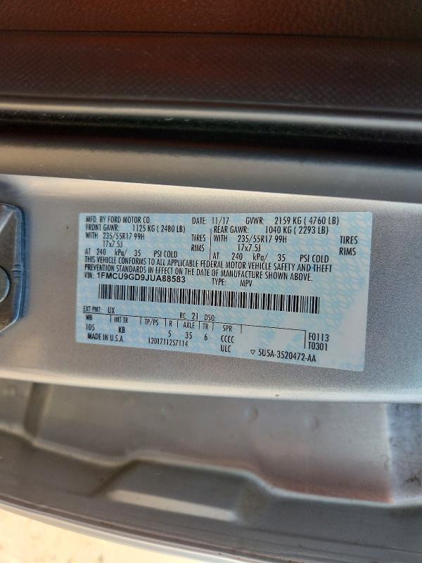 Aukcja sprzedaży 2018 Ford Escape, vin: 1FMCU9GD9JUA88583, numer aukcji: 63644196