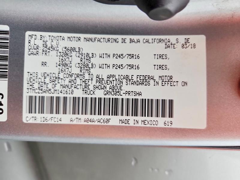 66611586 :رقم المزاد ، 3TMCZ5AN5JM141610 vin ، 2018 Toyota Tacoma مزاد بيع