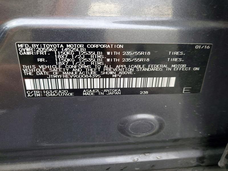 63813856 :رقم المزاد ، JTMYFREV9GD084395 vin ، 2016 Toyota Rav4 مزاد بيع