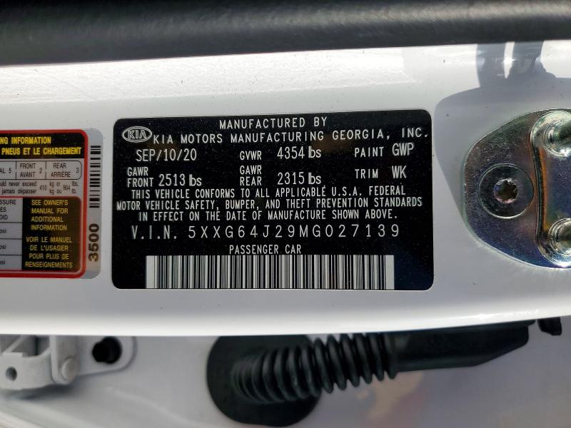 Aukcja sprzedaży 2021 Kia K5, vin: 5XXG64J29MG027139, numer aukcji: 65576116