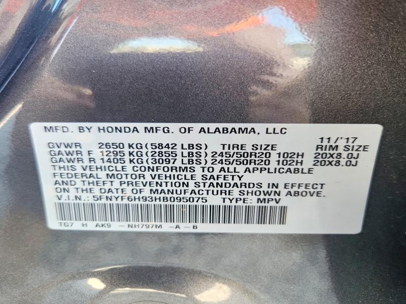 2017 Honda Pilot მანქანა იყიდება აუქციონზე, vin: 5FNYF6H93HB095075, აუქციონის ნომერი: 65636026