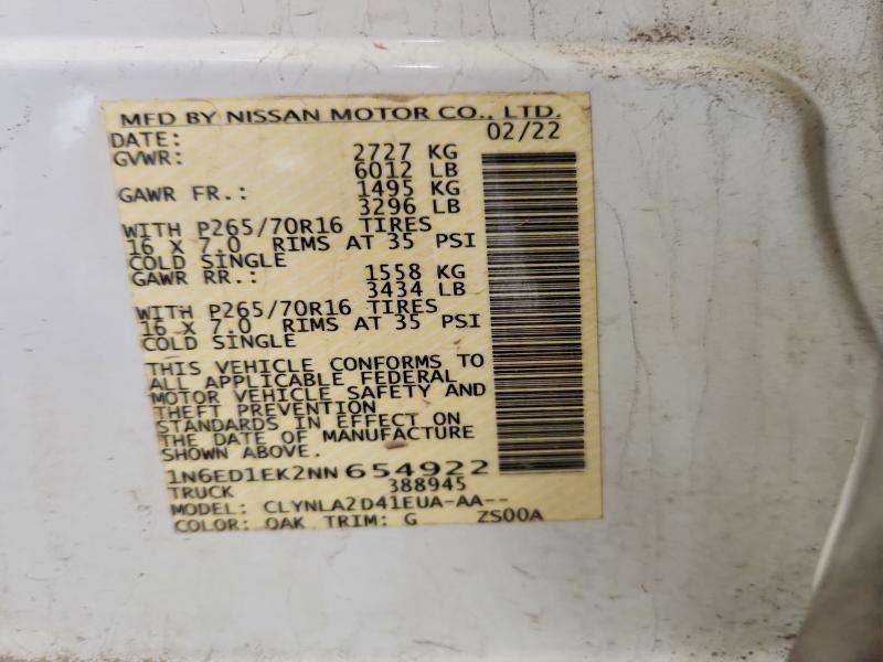 2022 Nissan Frontier მანქანა იყიდება აუქციონზე, vin: 1N6ED1EK2NN654922, აუქციონის ნომერი: 64586906