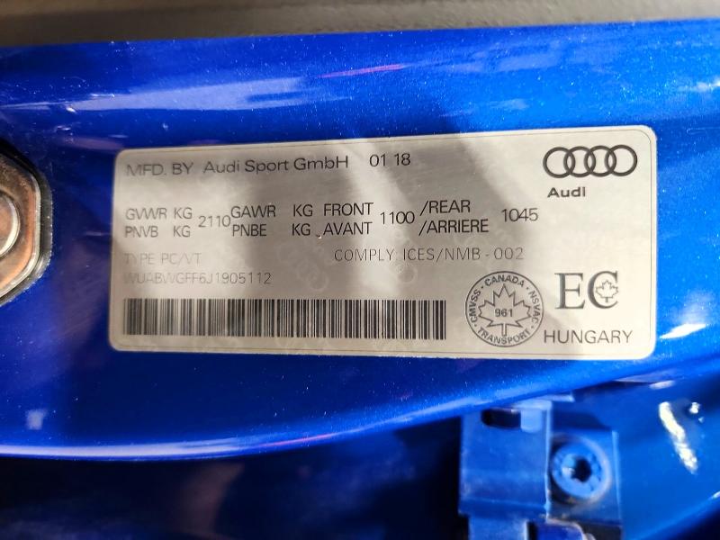 65298096 :رقم المزاد ، WUABWGFF6J1905112 vin ، 2018 Audi Rs3 مزاد بيع