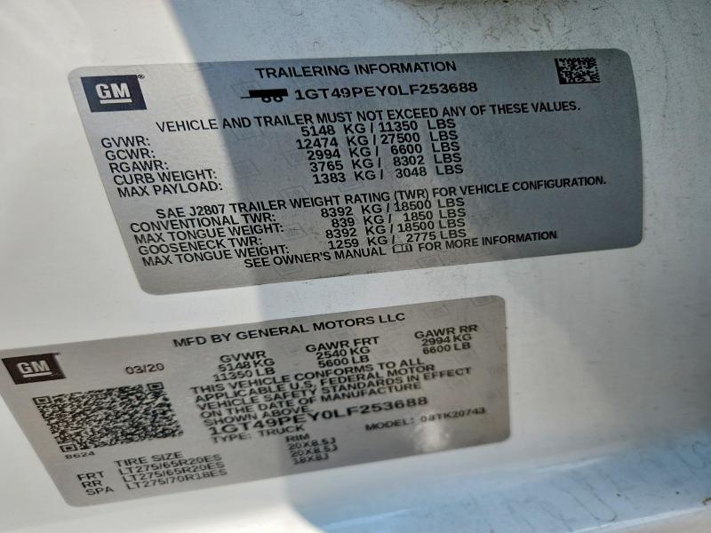 Aukcja sprzedaży 2020 Gmc Sierra, vin: 1GT49PEY0LF253688, numer aukcji: 63464246