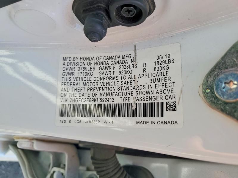 66578476 :رقم المزاد ، 2HGFC2F89KH592413 vin ، 2019 Honda Civic مزاد بيع