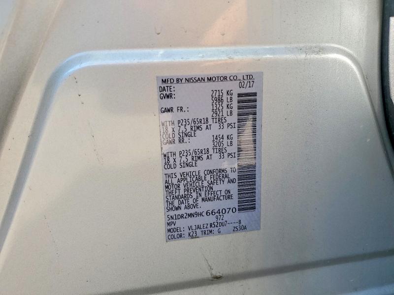 2017 Nissan Pathfinder მანქანა იყიდება აუქციონზე, vin: 5N1DR2MN9HC664070, აუქციონის ნომერი: 65624756