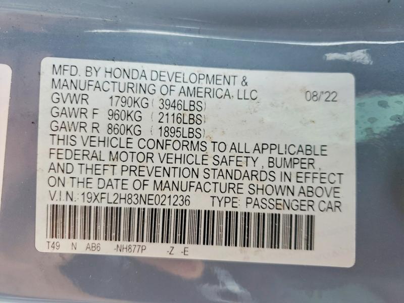 Продаж на аукціоні авто 2022 Honda Civic, vin: 19XFL2H83NE021236, номер лоту: 64426916